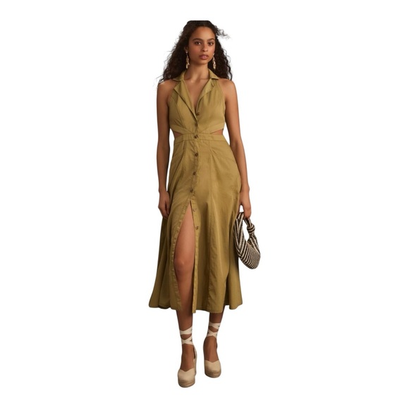 Pilcro Dresses & Skirts - Pilcro Halter Plunge Midi Dress Olive Twill Size 8 Anthropologie